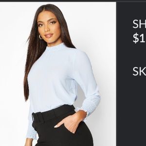Boohoo high neck shirred neck & cuff blouse
